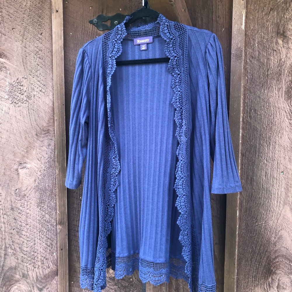 Crochet Trim Open-Front Navy Cardigan